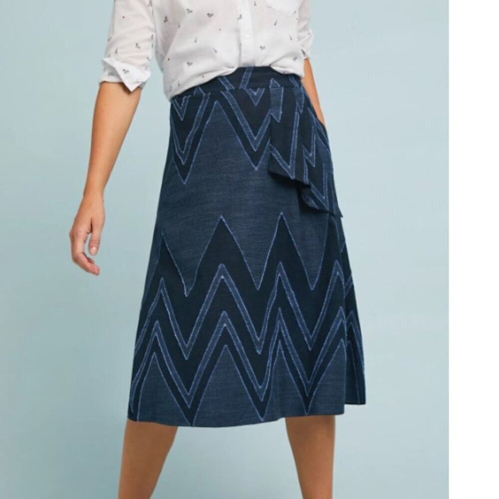 Anthropologie Eva Franco A-Line Skirt 0 Blue Midi Chevron Cotton Linen Pockets